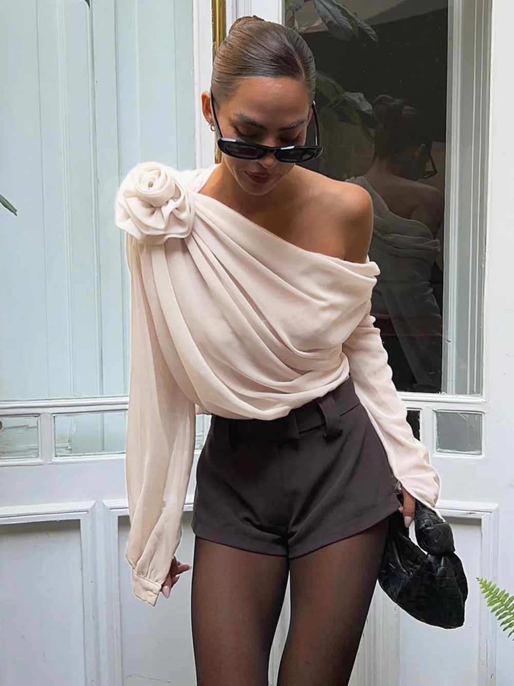 COMMENSE Chiffon Semi-Sheer One Shoulder Asymmetrical Blouse - size Medium